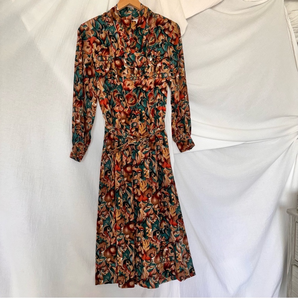 NWT Deadstock Vintage Barrie Pace Ltd. Belted Orange & Teal L/S Maxi Dress